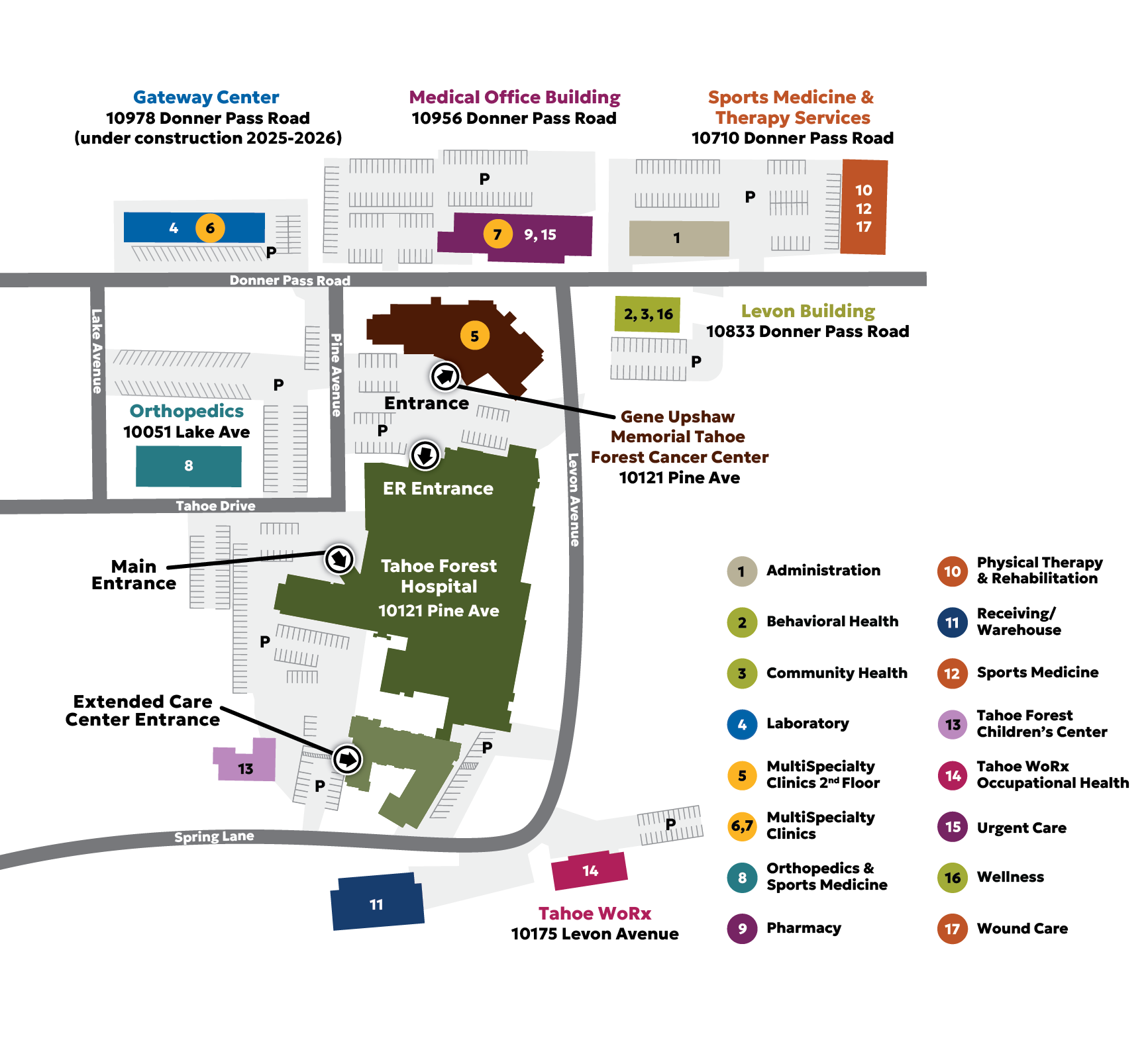 2025-TFHS_WayFinder_Map_ADA_CompliantArtboard 1@2x Campus map of Tahoe Forest Hospital showing labeled buildings, parking areas, and color-coded service locations with numbers and a legend.
