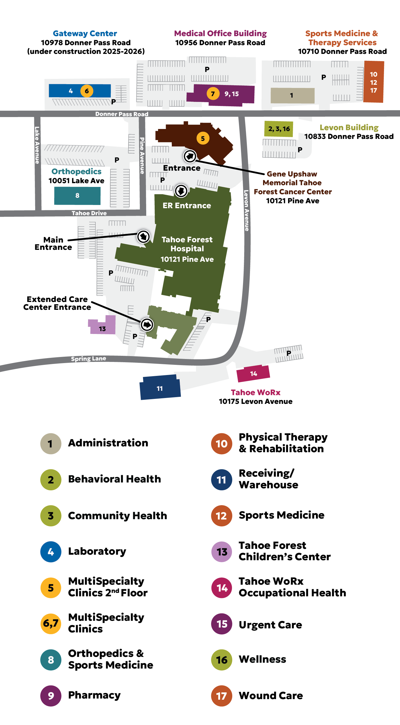 2025-TFHS_WayFinder_Map_ADA_CompliantArtboard 2@2x Campus map of Tahoe Forest Hospital showing labeled buildings, parking areas, and color-coded service locations with numbers and a legend.
