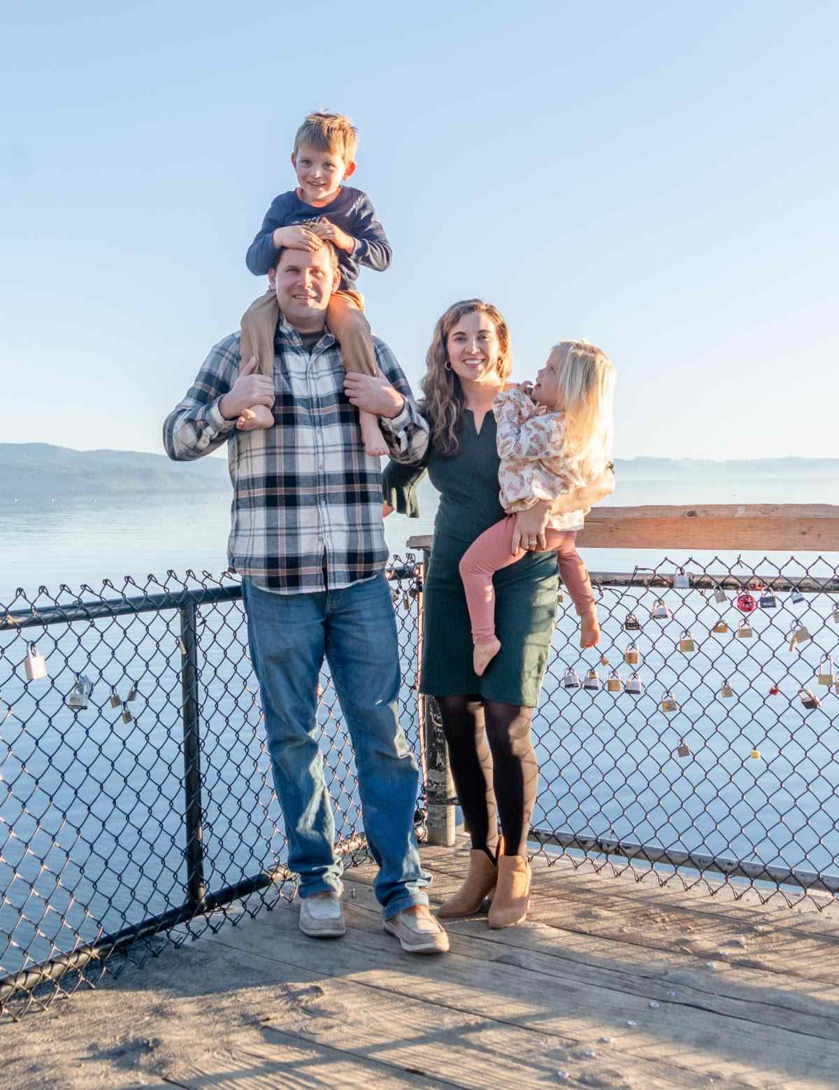 Karli with husband and two kids by Lake Tahoe