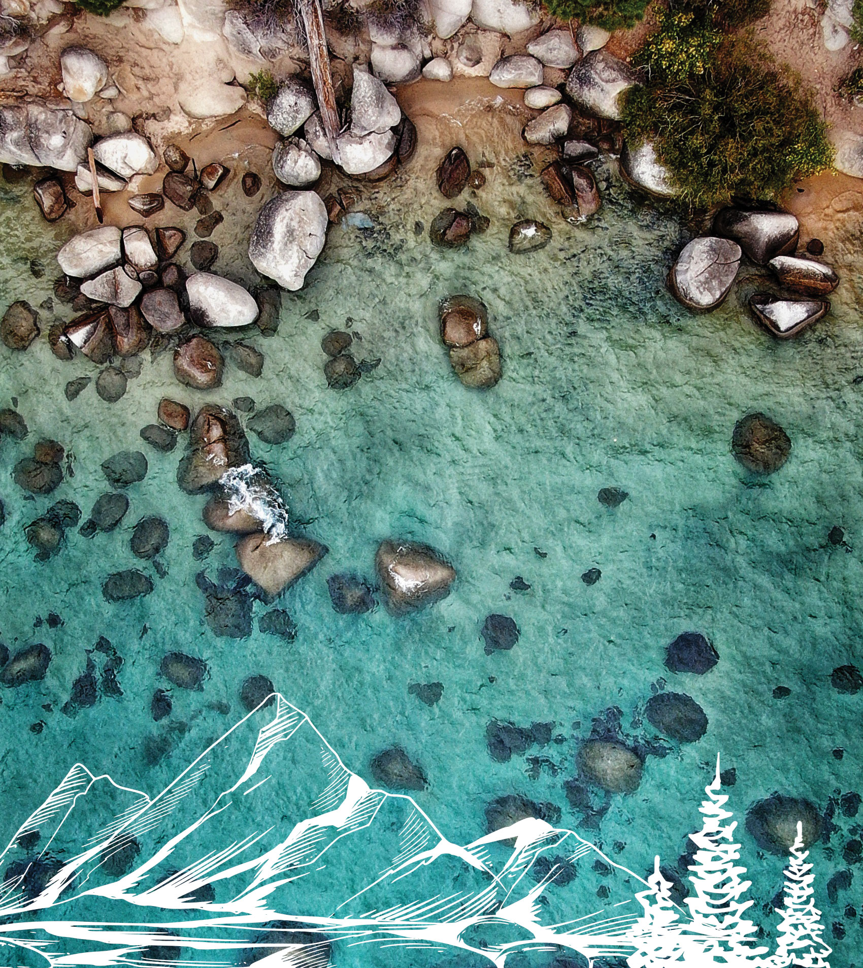 lake tahoe with sketched mountains and trees on top