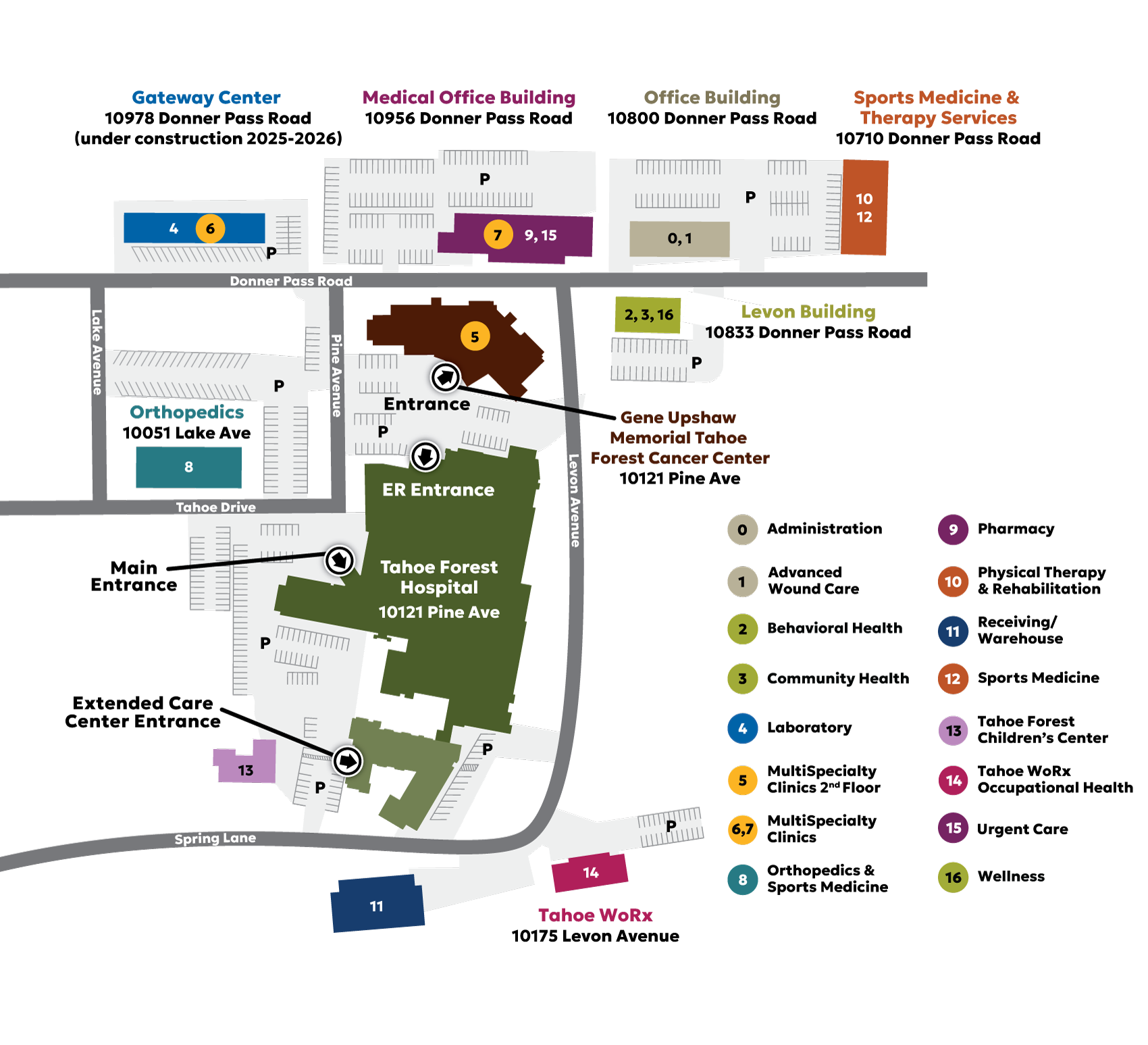 Overview map of the Tahoe Forest Hospital campus along Donner Pass Road, showing building locations, addresses, and parking areas
