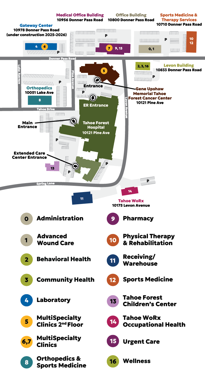 Tahoe Forest Hospital campus map. Location details in map legend