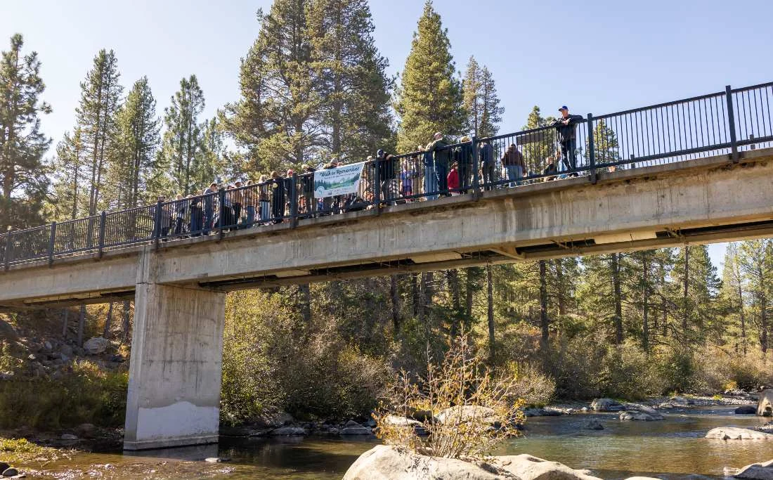 Crowd of walkers crossing a footbridge over the river