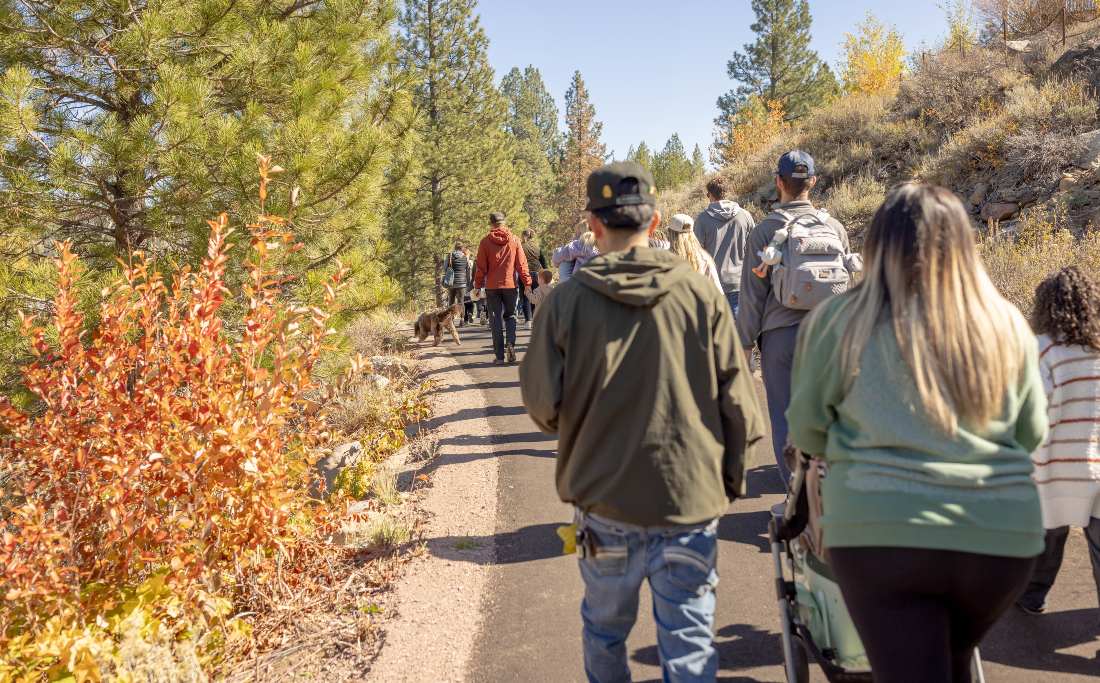 Group of walkers on a wooded trail in fall colors, seen from behind
