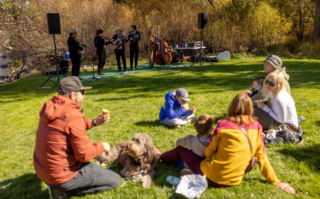 Musicians performing on the lawn while attendees sit and listen