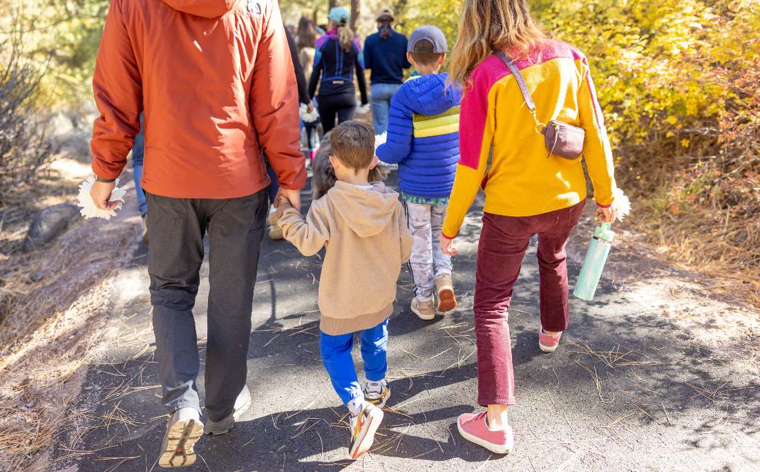 Family walking hand in hand along a wooded trail, from behind