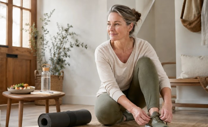 tieshoes woman sits on floor tying her shoe