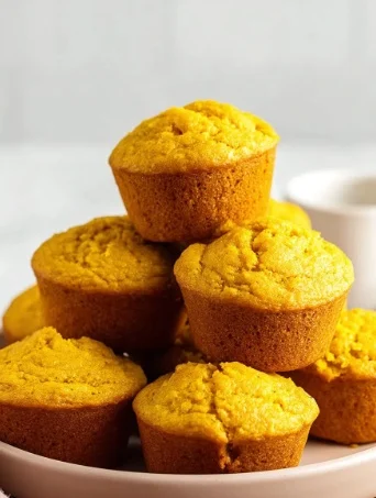 Pumpkin Corn Muffins stacked in pyramid