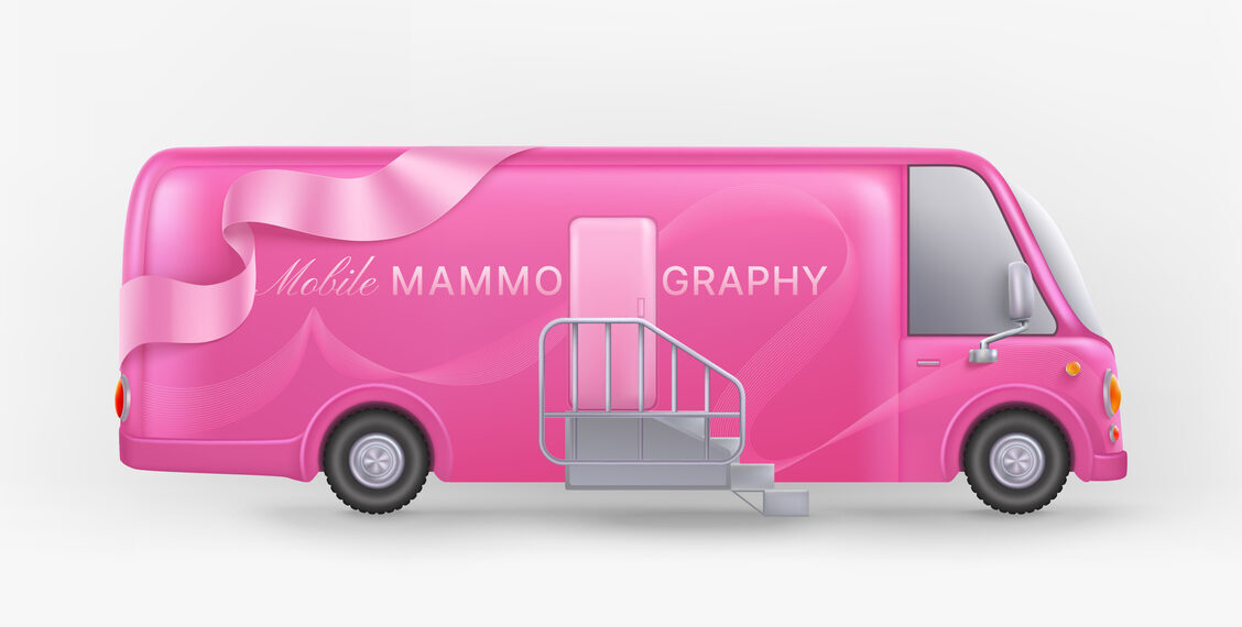 Breast cancer awareness month banner Pink mobile mammography van